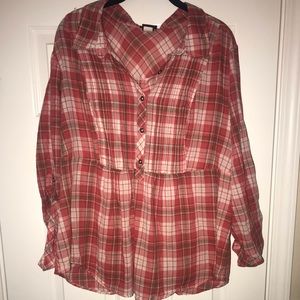 Torrid red/orange & olive plaid popover top